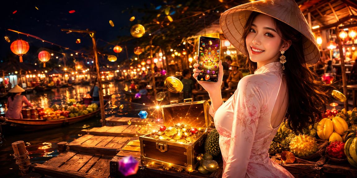Người chơi sử dụng ứng dụng di động tại chợ đêm Mekong